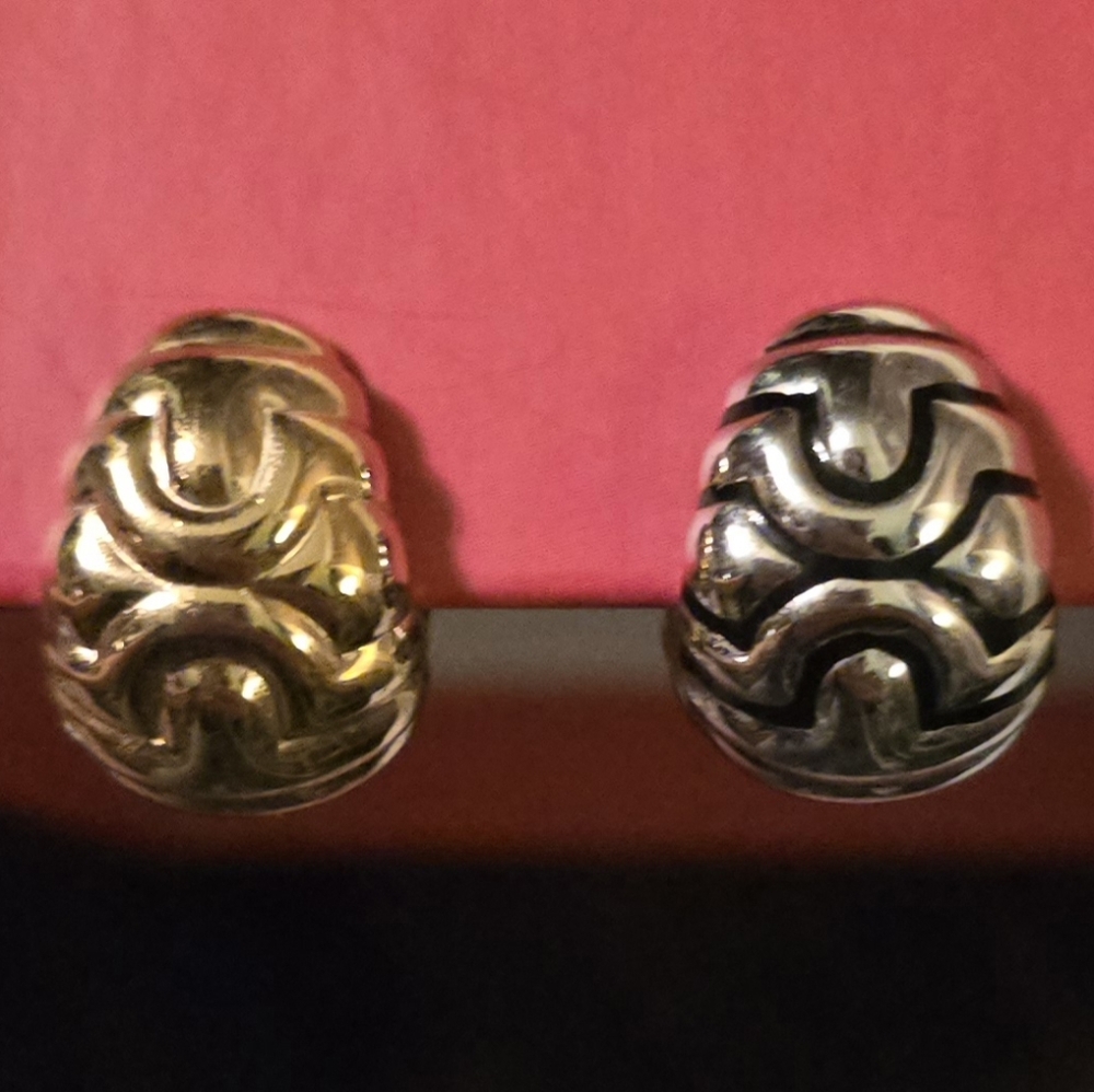Rare Erwin Pearl Reversible 2 Tone Polished Gold Silver Huggie Clip-on Earrings